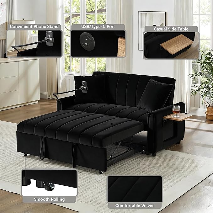 3-in-1 Convertible Sleeper Sofa with Integrated USB &amp Type-C Charging Station Modern Pull-Out Bed Loveseat for Living Room Comfy Fabric with Side Pocket Easy Assembly(Black) | Phone Stand USB