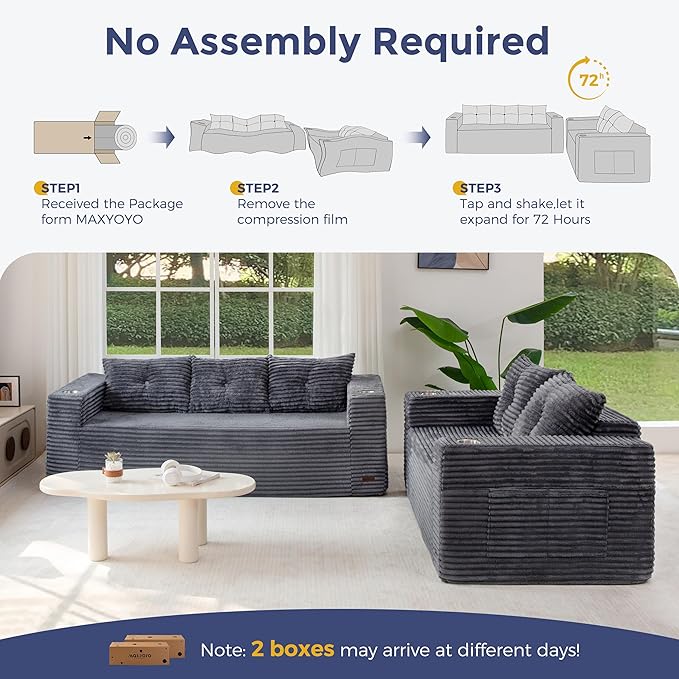 MAXYOYO Boneless Couch and Loveseat Sets for Small Spaces Mini Love Seat Floor Couch with Cup Holders and Pillows Upholstered Cloud Couch for Bedroom Apartment No Assembly Required