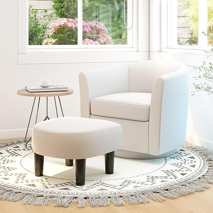 KOMFOTT Swivel Barrel Chair with Ottoman Upholstered Armchair with Footrest Removable Seat Cushion Linen Fabric Club Reading Sofa Chairs Modern Accent Chair for Living Room Bedroom Creamy