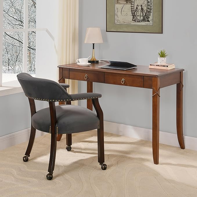Large Computer Desk Office Table with 2 Drawers 46 Solid Wood Study Writing Desk Workstation with Storage Space Mid-Century Vanity Dressing Table for Office Easy Assembly Caramel Brown BSZ-DR200