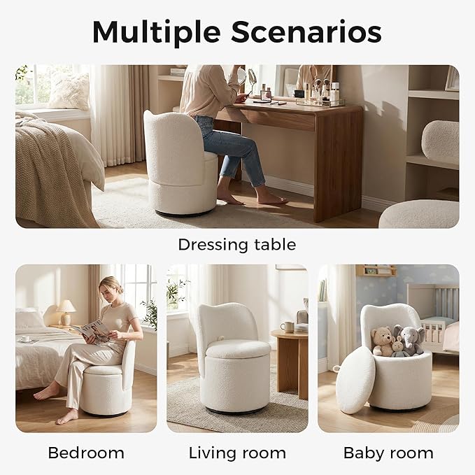 Swivel Teddy Vanity Chair with Storage Upholstered Vanity Stool with Back Sherpa Vanity Stool Chair Round Makeup Chair Swivel Accent Chair Barrel Armchair Soft Padded Seat for Living Room Bedroom