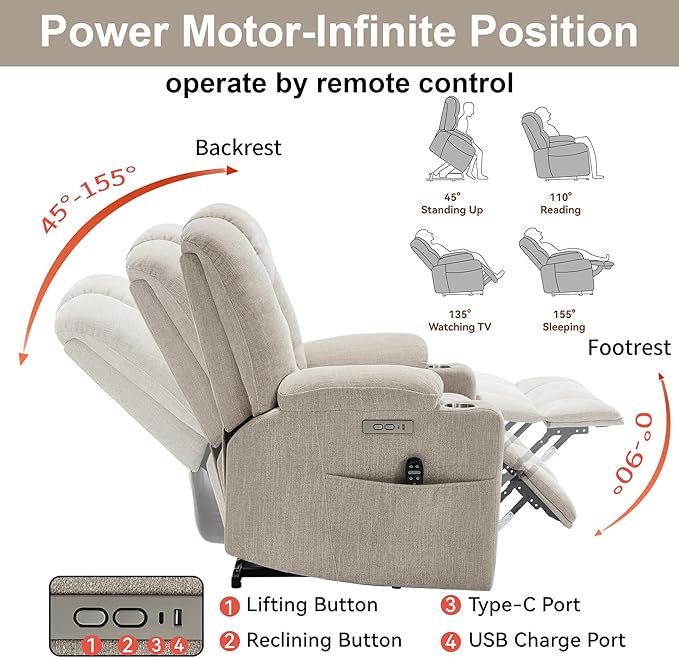 Power Lift Recliner Chair for Eldery Chenille Electric Recliner Chairs with Massage and Heat Remote Control Standing Assistance Lay Flat Recliner Sofa for Living Room Medium-FirmBeige