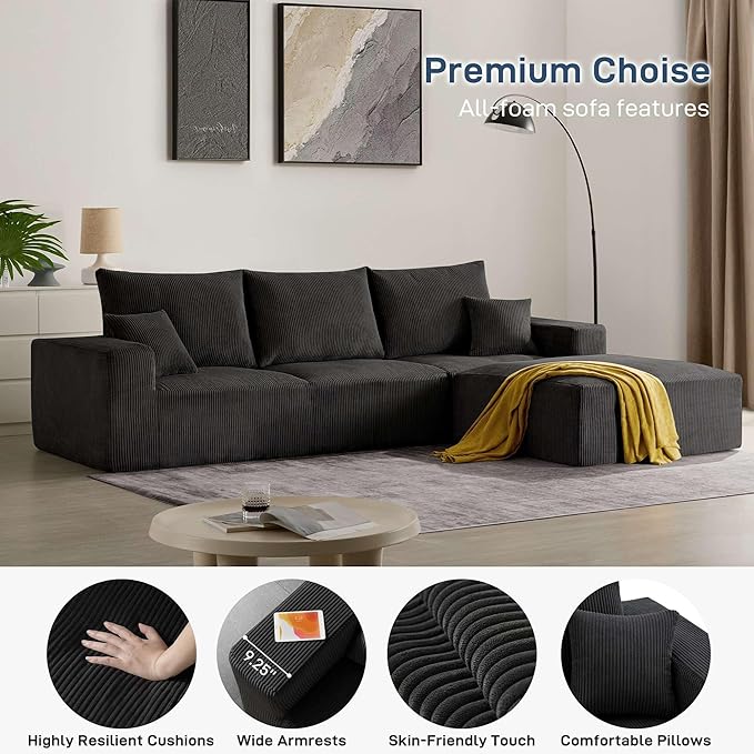 Modern Sleeper Sofa Couches for Living Room-113 Black 3 Seater Boneless Cloud Couch-No Assembly Required Modular Corduroy Convertible Full Sponge Compression Sofas for House Apartment