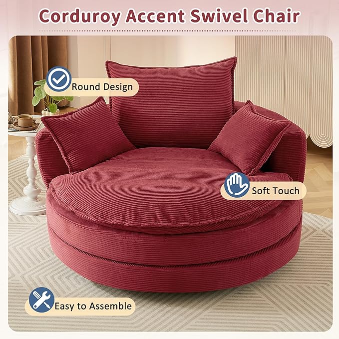 Merax 360° Swivel Sofa Chair 57.5 Oversized Round Barrel Accent Chair with Dual-Layer Cushion &amp 3 Pillows for Living Room Bedroom Office - CorduroyRed