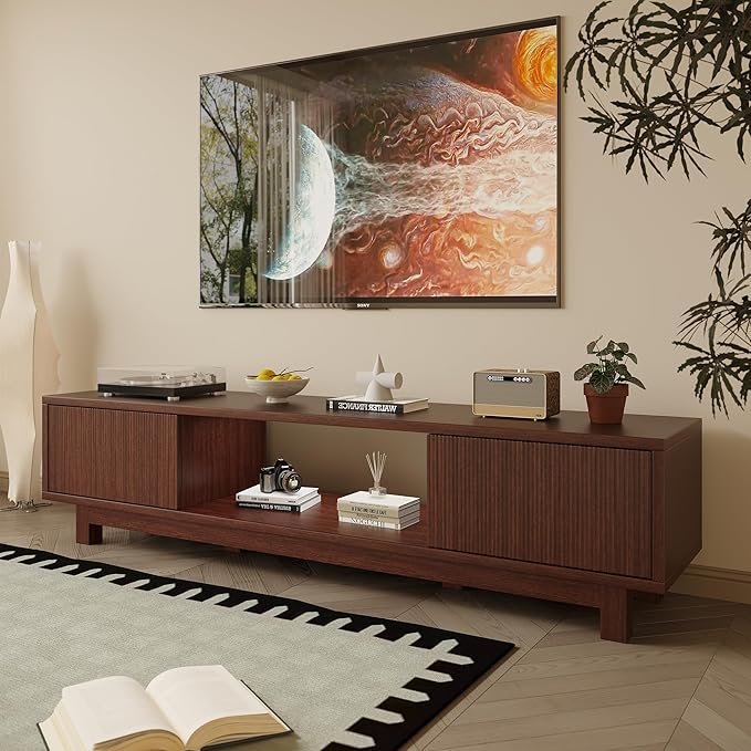 Maggym 70″ TV Stand with Storage Modern Media Console with 2 Doors and Open Shelves Entertainment Center for Living Room Walnut
