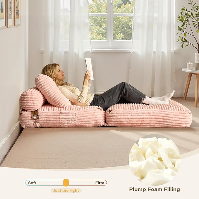 75''Foldable Sofa BedPink Convertible Folding Sleeper Chair BedFoldable Single Sofa Foam Filling Couch with Pillow Comfy Corduroy Lazy Floor Sofa for Small Room Living Room Bedroom Apartment