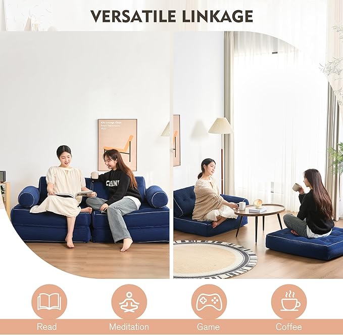 Plus Futon Sofa Bed for Small Spaces Floor Couch with Armrest Folding Sofa Couch Convertible Sleeper Chair Bed with Pillow Portable Comfy Floor Lounge for Living Room and Bedroom Blue