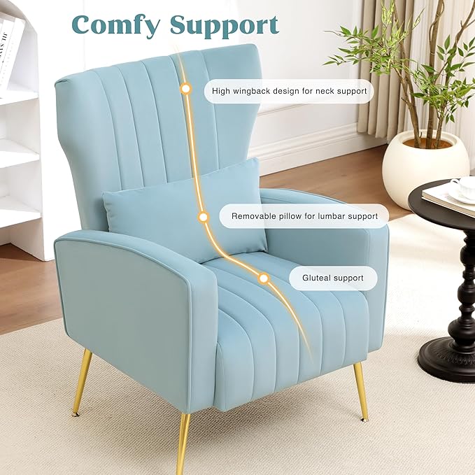Modern Accent Chair Upholstered Living Room ChairHigh Back Arm Chair with Metal Legs Lumbar Reading Chair for Bedroom Apartment Small Spaces Sky Blue