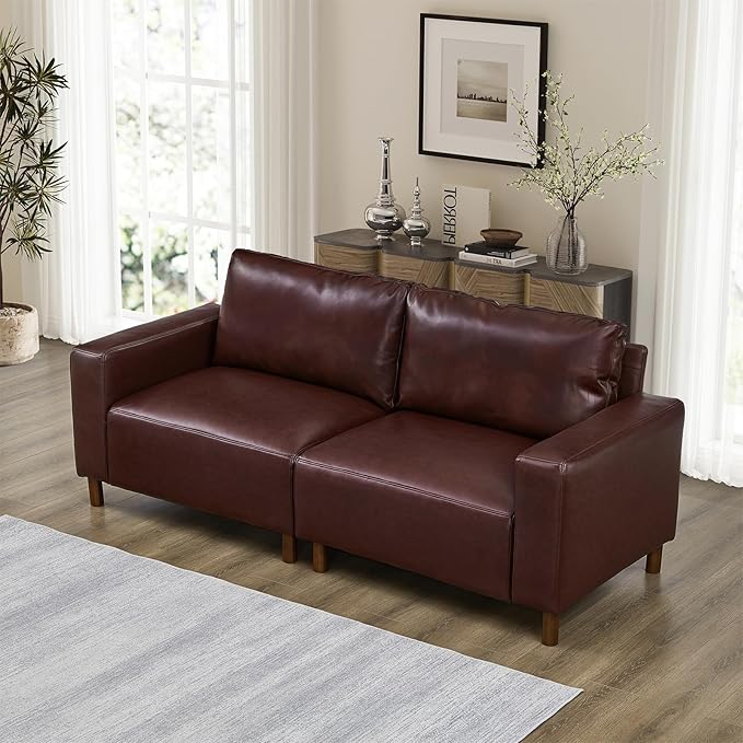 Mid-Century Modern Sofa Set of 2 PU Leather 3-Seater Couch with Solid Wood Legs &amp Square Armrests Lounge Comfy Loveseat Sofa Upholstered Cozy Couch for Living Room Office(78.5W + 112W Burgu
