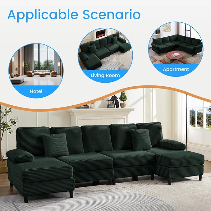 PUREMIND Sectional Couches for Living Room U Shaped Sectional Sofa with Double Chaise Lounge and Sleepable Armrests Corduroy 4 Seater Sectional Sofa Living Room Furniture