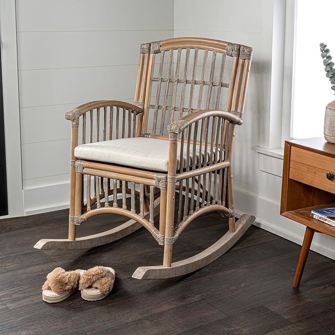 JONATHAN Y RCK200B Swayze Bohemian Farmhouse Woven Rattan/Wood Rocking Chair White Cushion with Gray/White Wash Frame for Home Living Room Bedroom Guestroom Foyer Library