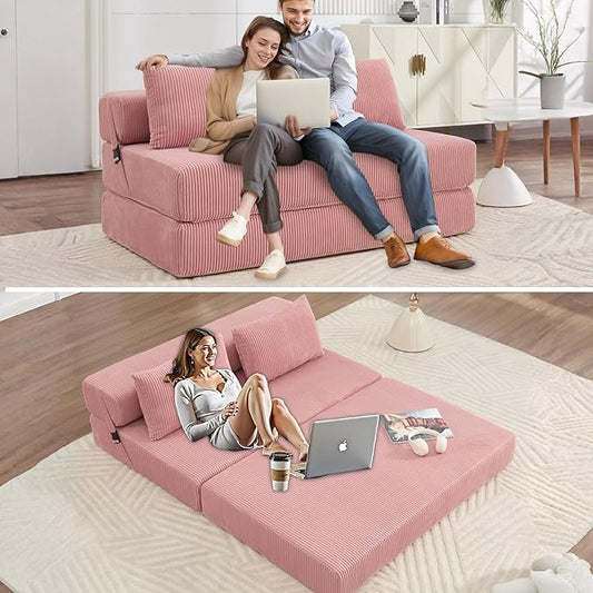55 Convertible Folding Sofa Bed with 2 Pillows Corduroy Foldable Sleeper Sofa for Adult Floor Couch Bed for Living Room Bedroom No Assembly (Pink)
