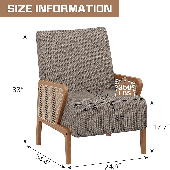 Alunaune Upholstered Natural Rattan Living Room Chairs Accent Chair Armchair Set of 2 Modern Fabric Slipper Club Chair Guest Reception Couch Comfy Single Sofa for Reading Bedroom-Taupe