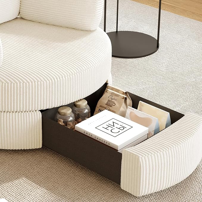 MEISSALIVVE Swivel Accent Chair with Half Moon Ottoman Round Chairs with Drawer Storage for Living Room 360° Barrel Chair with USB Charging Port (White Corduroy)
