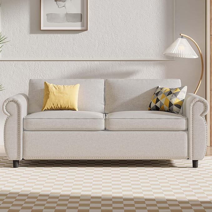 2 in 1 Pull Out Sofa Bed Queen Size Sleeper Sofa Guest Bed with 4 Foldable Memory Foam Mattress &amp Nailhead Armrests Linen Modern Convertible Couch for Home Apartment Office - Beige