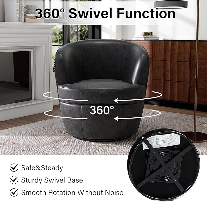 Swivel Barrel Chair Modern Round PU Leather Accent Armchair for Living Room Bedroom Comfy Club Reading Chairs for Adults (Leather Black Grey Set of 1)