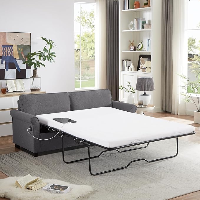 ONBRILL Pull Out Sofa Bed 2-in-1 Full Size Convertible Sleeper Sofa Couch with Pull Out Bed USB Charging Port Hide a Mattress with Menmory Foam Loveseat Couch for Living Room Dark Grey