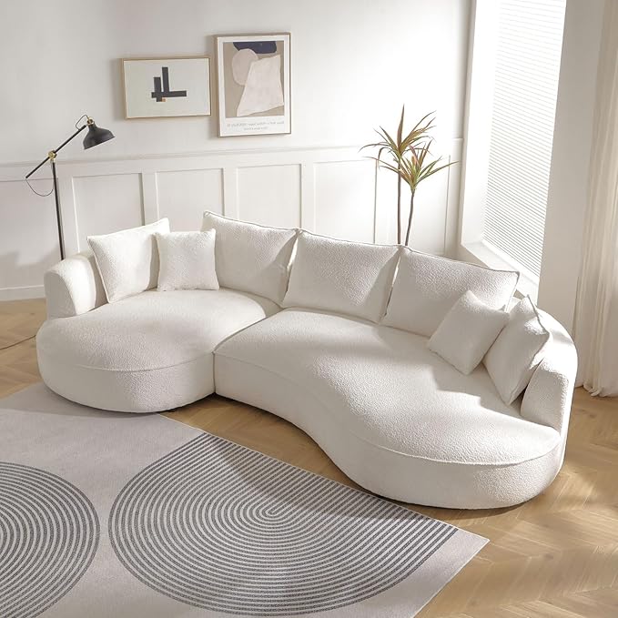 124.8 Beige Bonded Cloud Curved Sofa Living Room Modern Upholstery Boucle Comfy Cream White Modular Sectional Sofa with Pillows (Beige-Left Chaise Lounge 124.8 W x 63.9 D x 28.1 H)