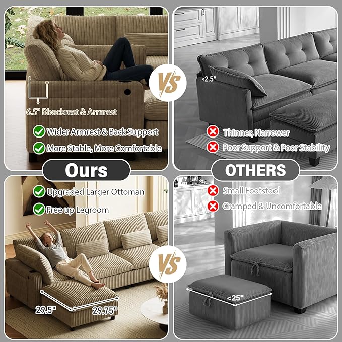 130 Oversized Cloud Couch Large Modular Sectional Sofa Modern U Shaped Sectional Couch 6 Deep Seat Sofa Set for Living Room Comfy Corduroy Cloud Sofa with Ottoman USB Port Cup Holder Light Brown