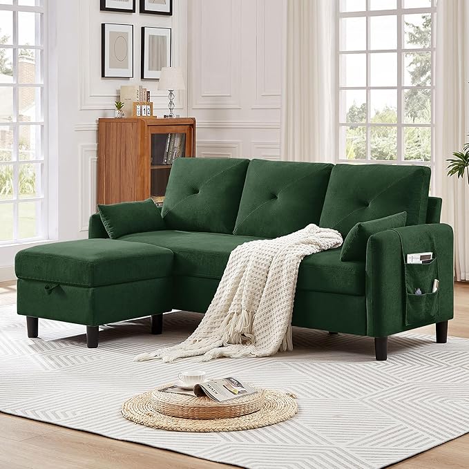 77 Convertible Sectional Couches 3 Seat L Shaped Couch Sofa with Storage Chaise &amp Removable Pillows Linen Fabric Small Couch Mid Century for Living Room Apartment and Office Green
