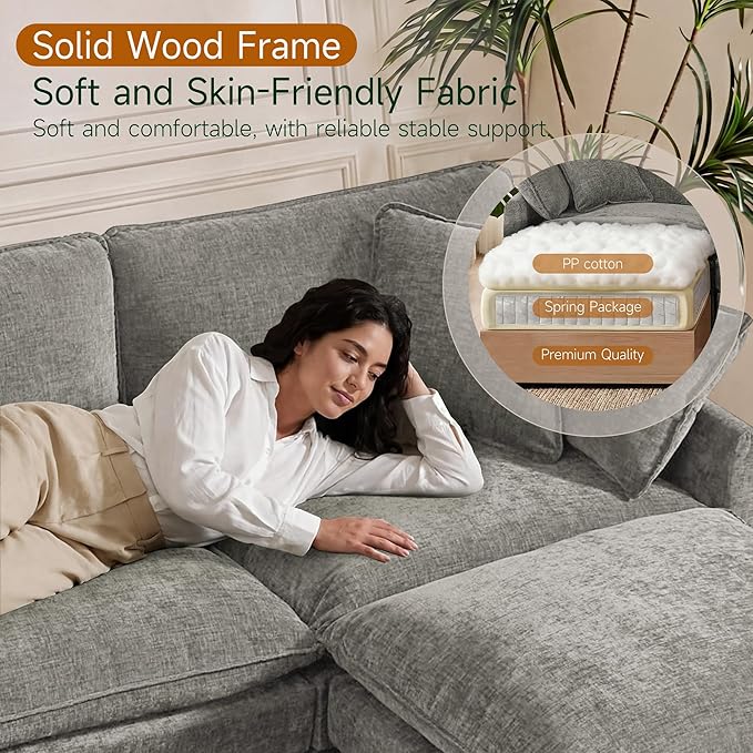 Modular Sofa with Storage 135 U Shape Sectional Cloud Couch Comfy Fabric Couch with Movable Ottoman 6 Seat Modern Deep Seat Sofa for Living Room (Grey Chenille)