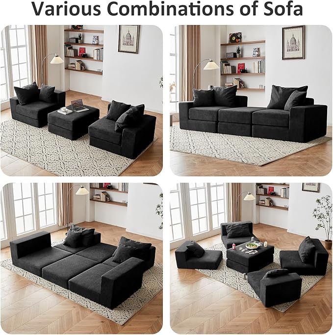 Modular Sectional Loveaeat Cloud Sofa Boneless Couch with Non Slip Base Cozy Sleeper Sofa for Customizable Living Spaces Modern Modular Couch with L-Shape Chaise Deep Seat &amp No Assembly Black