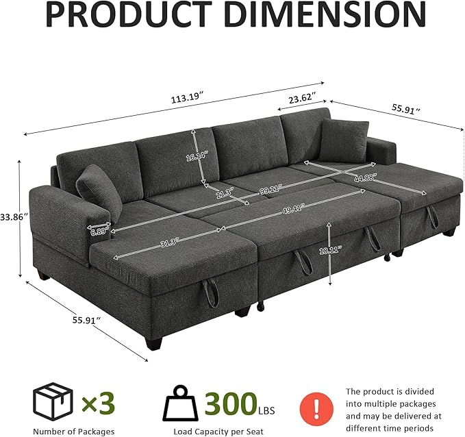 VANOMi 113 U Shaped Modular Sofa with Pull Out Bed &amp Storage Modern Sectional Sleeper Sofa with Chaise Chenille Sectional Couches for Living Room Small Space Apartment Dark Grey | Pull Out B