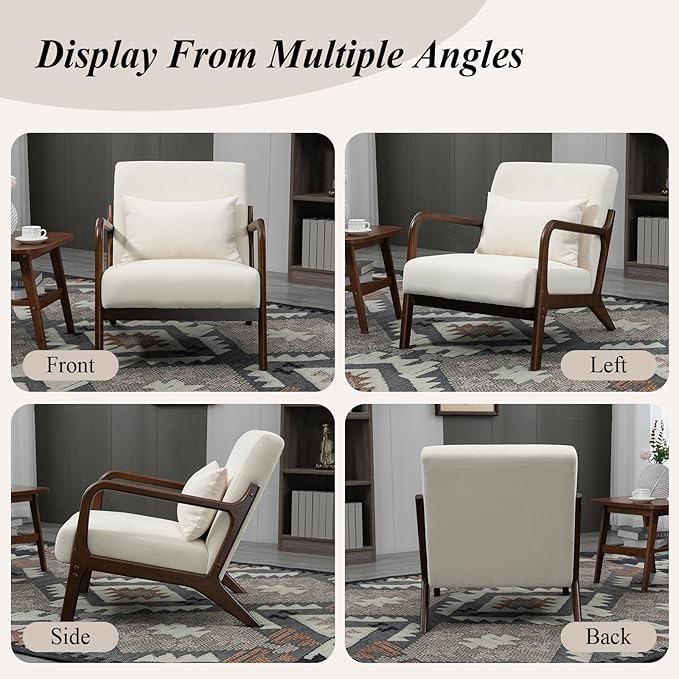 Minimalist Accent Chair Velvet Upholstered Mid-Century Modern Chair with Pillow Lounge Arm Chair with High Backrest Comfy Reading Chair for Living Room Balcony (White-Dark Brown)