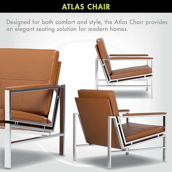 Studio Designs Atlas Modern Accent Chair with Padded Armrests - 29.5 W x 32 D x 33 H - Armchair for Home or Office - Caramel Brown Bonded Leather Fabric and Chrome Legs