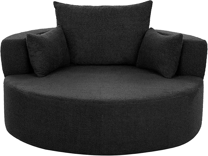 Oversized Round Swivel Chaise Modern 360°Swivel Barrel Chair with 3 Pillows Comfy Chenille Chaise Lounge Chair Indoor Single Cloud Circle Sofa for Living Room Bedroom Office (Black)