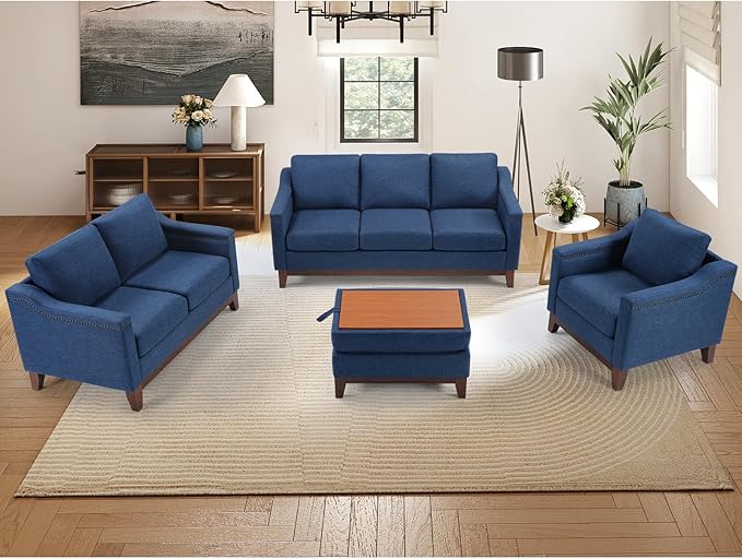 2 Piece Sofa Set 2-Seater and 3-Seater Sofa Couch with Solid Wood Legs Vintage Rivet Comfy Sofa with Thicked Cushion for Living Room Apartment Office Blue