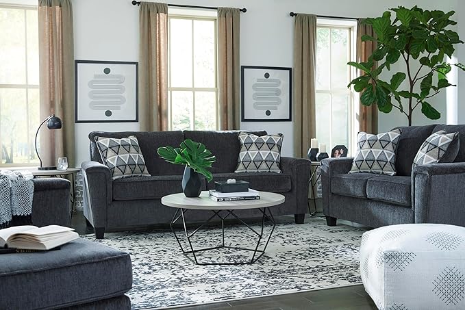 Signature Design by Ashley Abinger Chenille Contemporary Loveseat with 2 Accent Pillows Dark Gray