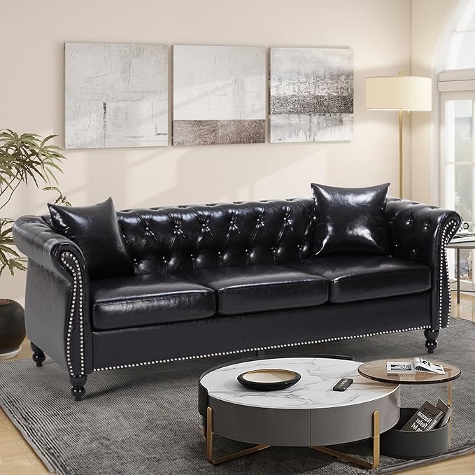 Leather Couche for Living Room 84 Inch Mid-Century Upholstered Modern Sofa CouchLeather Sofa Couch with Wooden Legs Chesterfield Sectional (Black)