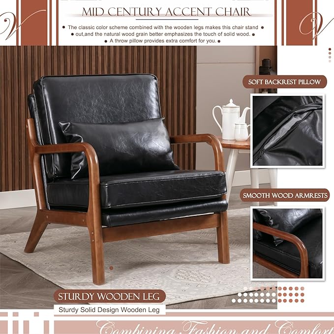 Mid Century Modern Accent Chair Comfy Armchair with Lumbar Pillow and Thick Cushion Lounge Chair with Solid Wood Frame Upholstered Side Arm Chair for Living Room Bedroom Office Black PU Leather