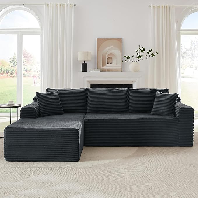 Aoowow 103.2 L-Shaped Cloud Sectional Sofa with Deep Seat Corduroy Modular 4 Seat Couches Sleeper Sofa for Living Room Bedroom Apartment No Assembly Required Dark Grey