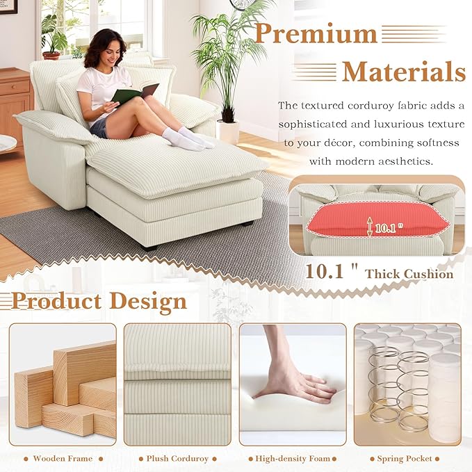 48 W Oversized Chaise Lounge Chair Indoor with Ottoman Upholstered Cloud Accent Chair with Extra Wide Armrests Comfy Green Corduroy Sleeper Chair for Living Room Bedroom Reading (Beige)
