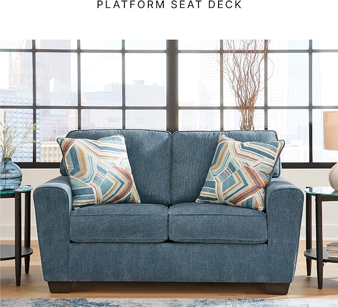 Signature Design by Ashley Cashton Contemporary Loveseat Exposed Feed With Faux Wood Finish Accent Pillows Fabric Upholstery 63 W x 38 D x 39 H Blue