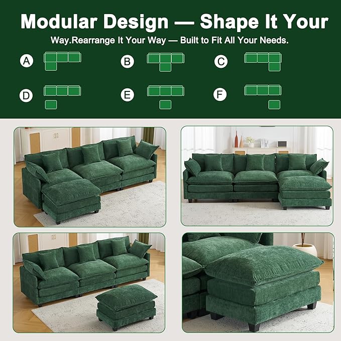 111.4 Modular Sectional Sofa｜Comfy Cloud Couch with Movable Ottoman Deep Seat｜Chenille L Shaped Modular Sofa Sectional Couches for Living Room Bedroom and Apartment｜Green