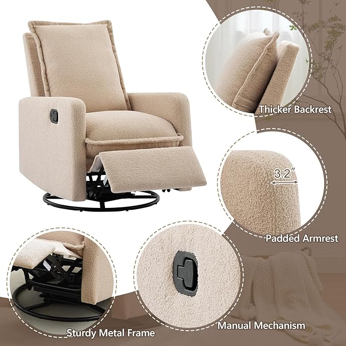 Glider Recliner Nursery Chair with Comfy Cushion Rocker Swivel Recliner Chairs for Small Spaces Swivel Rocking Recliner Chairs for Adults Lazy Boy Recliner Chair for BedroomBoucle(Oatmeal)