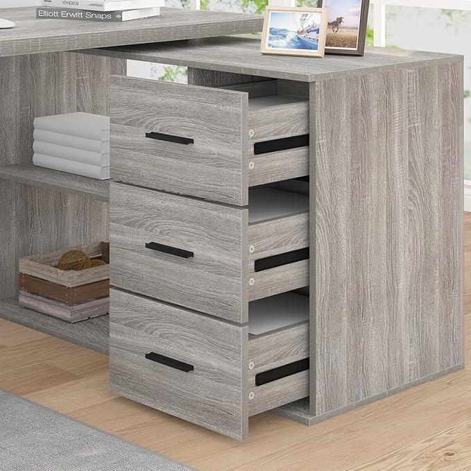 HSH L Shape Desk with Drawers L-Shaped Desk with Storage Cabinet Shelves Home Office Corner Computer Desk for Executive Writing Modern Wood Study PC Table in Bedroom Living Room Grey Oak 55 Inch