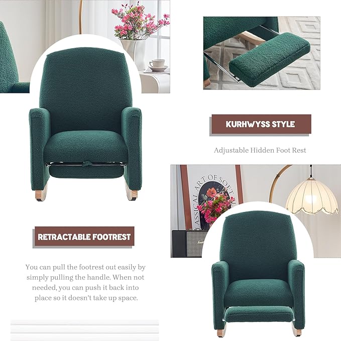 Modern Rocking Chair Nursery Comfy Glider Nursery Chair with Foot Rest Upholstered Rocker with Pocket Accent Reading Armchair with Solid Wood Base for Living Room Bedroom Lounge Room (Green)