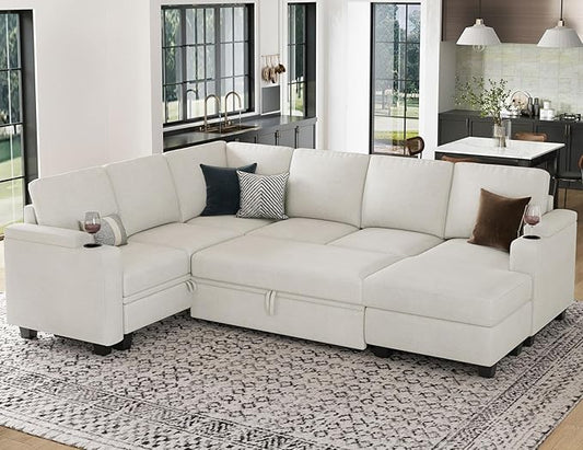 Belffin Sleeper Sofa Modular Sectional Pull Out Couch Bed U Shaped Sofa Couch for Living Room with Storage Chaise. White