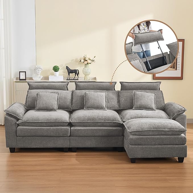 103'' Cloud Modern 3 Seater Couch with Detachable Headrest Modular Sectional Sofa with Ottoman Oversized L Shape Chenille Comfy Sofa with Armrests for Living Room Light Grey