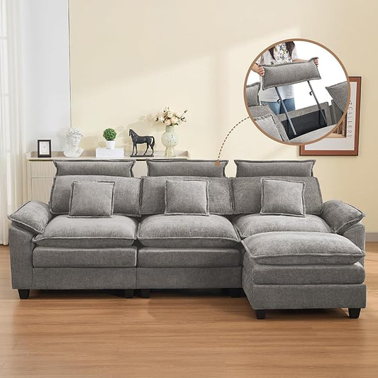 103'' Cloud Modern 3 Seater Couch with Detachable Headrest Modular Sectional Sofa with Ottoman Oversized L Shape Chenille Comfy Sofa with Armrests for Living Room Light Grey