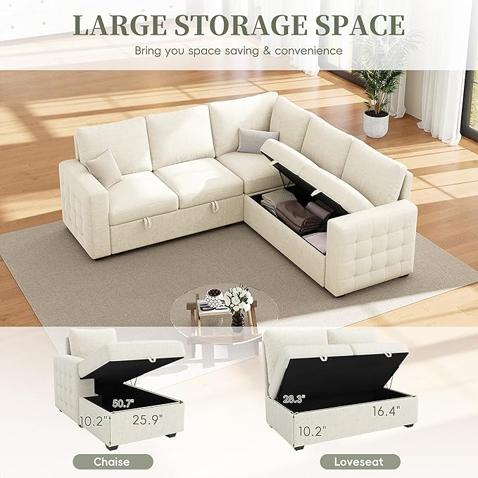 86 Sectional Sleeper Sofa Bed Sleeper Couch with Pull out Bed L Shaped Couch with Storage Modular Sectional Sofa Sectional Couches for Living Room&ampApartment Convertible Sofas Beige Couches