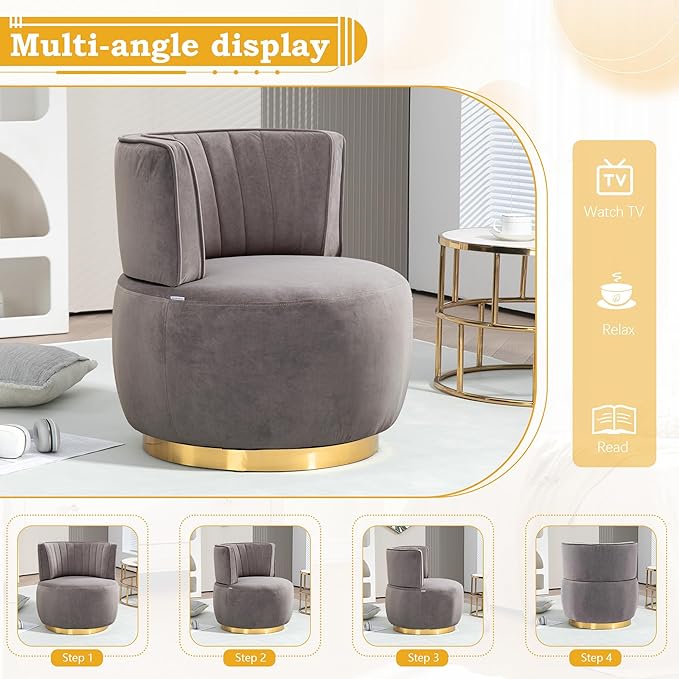 SLEERWAY 360° Swivel Barrel Chair Modern Velvet Round Accent Chair Comfy Upholstered Small Armchair with Gold Metal Base for Living Room Bedroom Nursery Office Sillas para Sala Gray