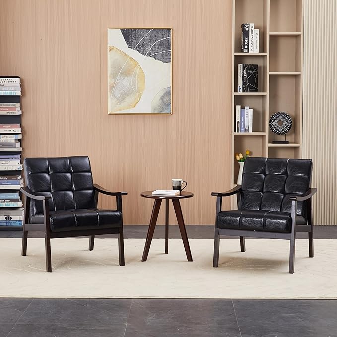 Mid Century Modern Oil-Waxed Faux Leather Accent Chair Upholstered Armchair with High Back Solid Rubberwood Frame and Soft Cushion for Living Room Bedroom Waiting Area Black
