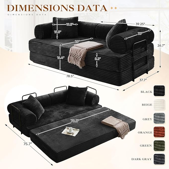 78.5W Convertible Folding Sofa Bed Corduroy Upholstered Queen Size Foam Floor Couch with Fixed-Shaped Frame Loveseat Sleeper Compression Sofa Foldable Mattress for Living Room Bedroom(Black)