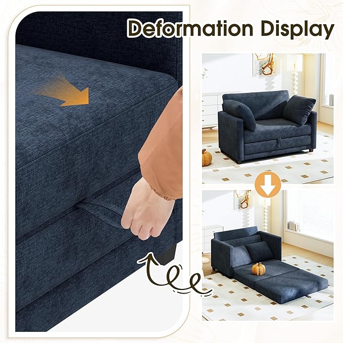 51 Convertible Sofa Bed 2 in1 Folding Sofa Bed Loveseat Sleeper Sofa for Small Spaces Fold Out Floor Couch with 2 Pillows for Apartment Living Room &amp Guest Room Deep Blue Chenille Fabric