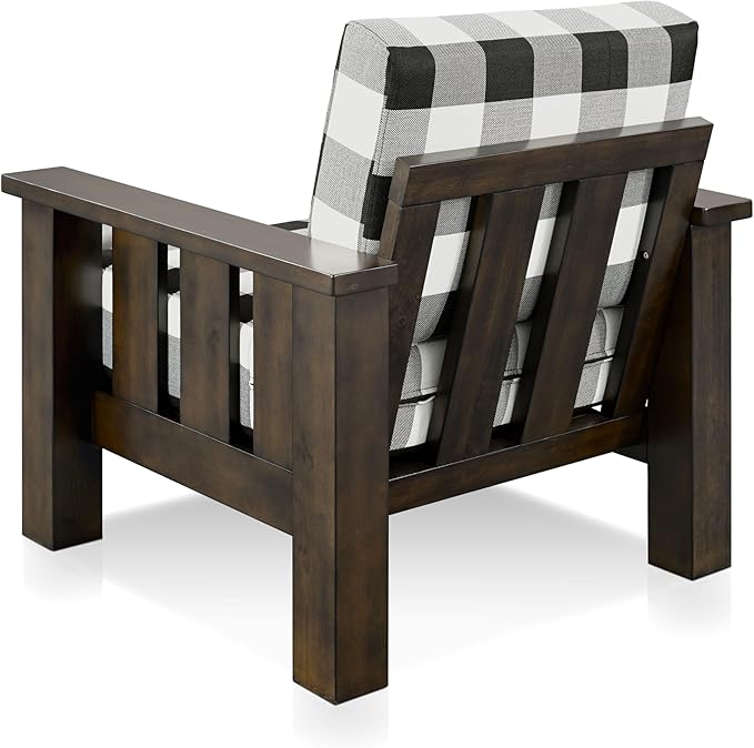 Furniture of America Gavik Modern Solid Wood Arm Chair with Plaid Removable Cushions Black and White Upholstery Fabric Comfortable Upholstered Seating for Living Room Guest Room Dark Walnut